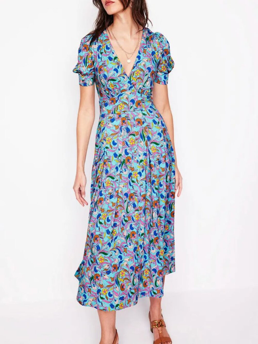 Boden Kristen Floral Pleated Jersey V-Neck Puff Sleeve Midi Dress, US 10